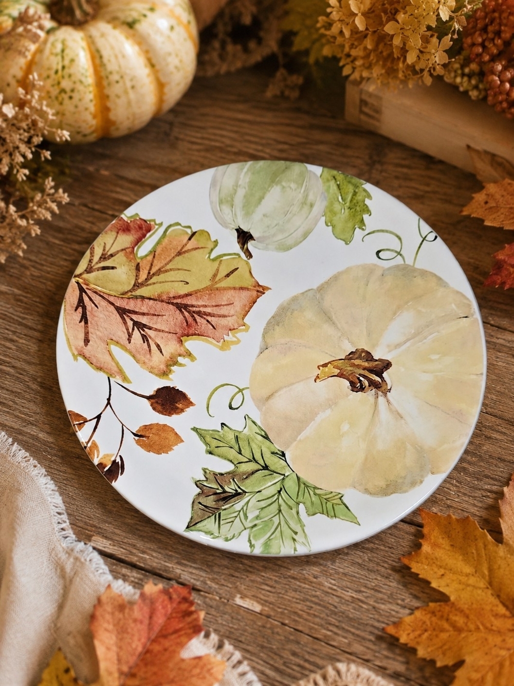 Fall Harvest Ceramic Dinner Plate - Cream & Green